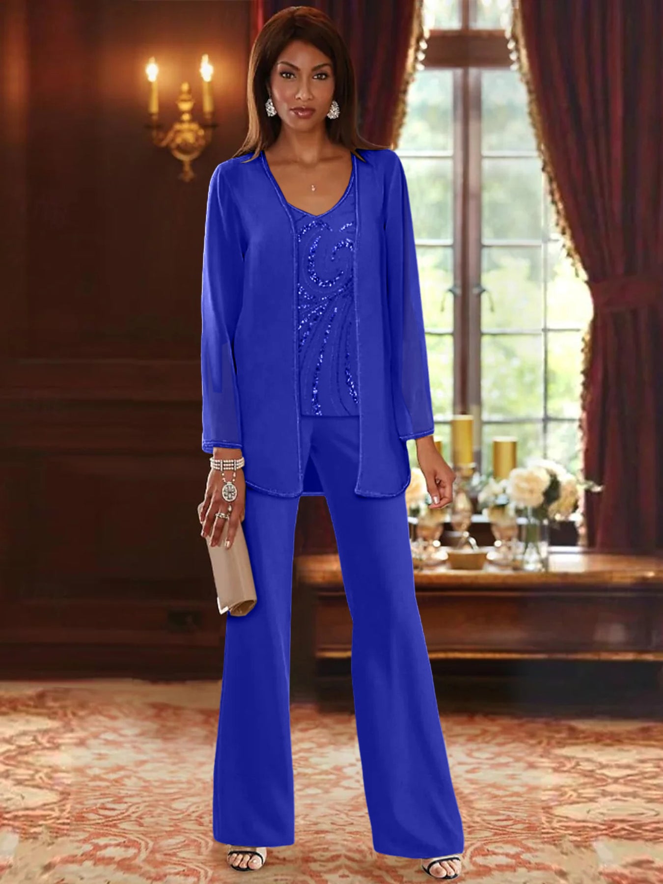 Chiffon V-Neck Floor-Length 3 Pieces Mother of the Bride Pantsuits with Jacket & Sequins Beading