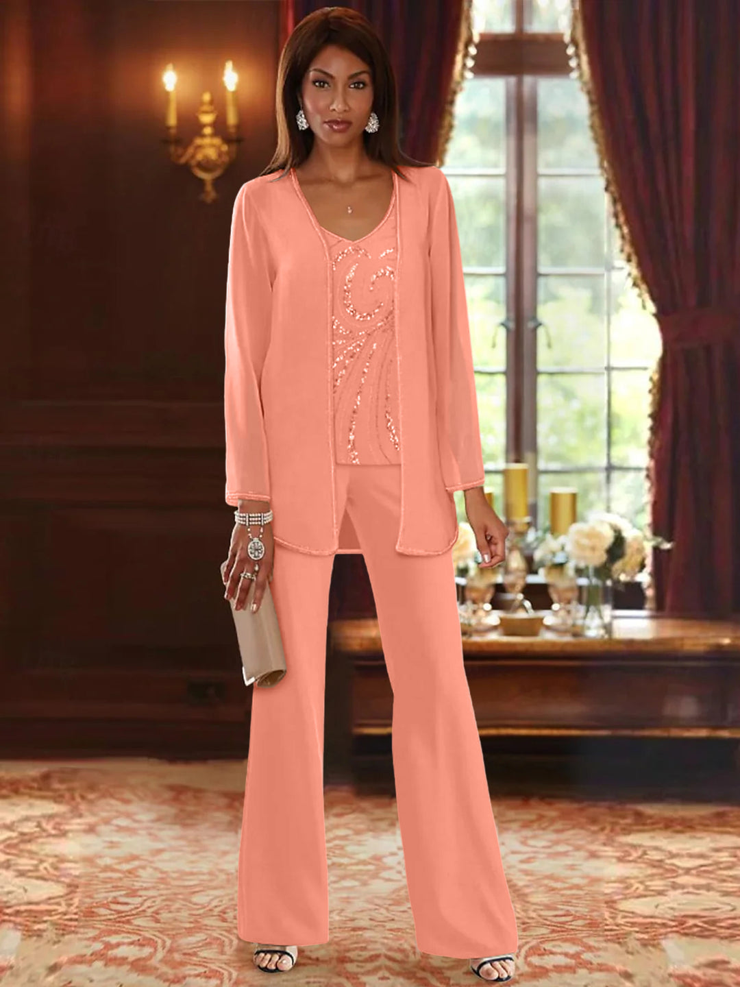 Chiffon V-Neck Floor-Length 3 Pieces Mother of the Bride Pantsuits with Jacket & Sequins Beading