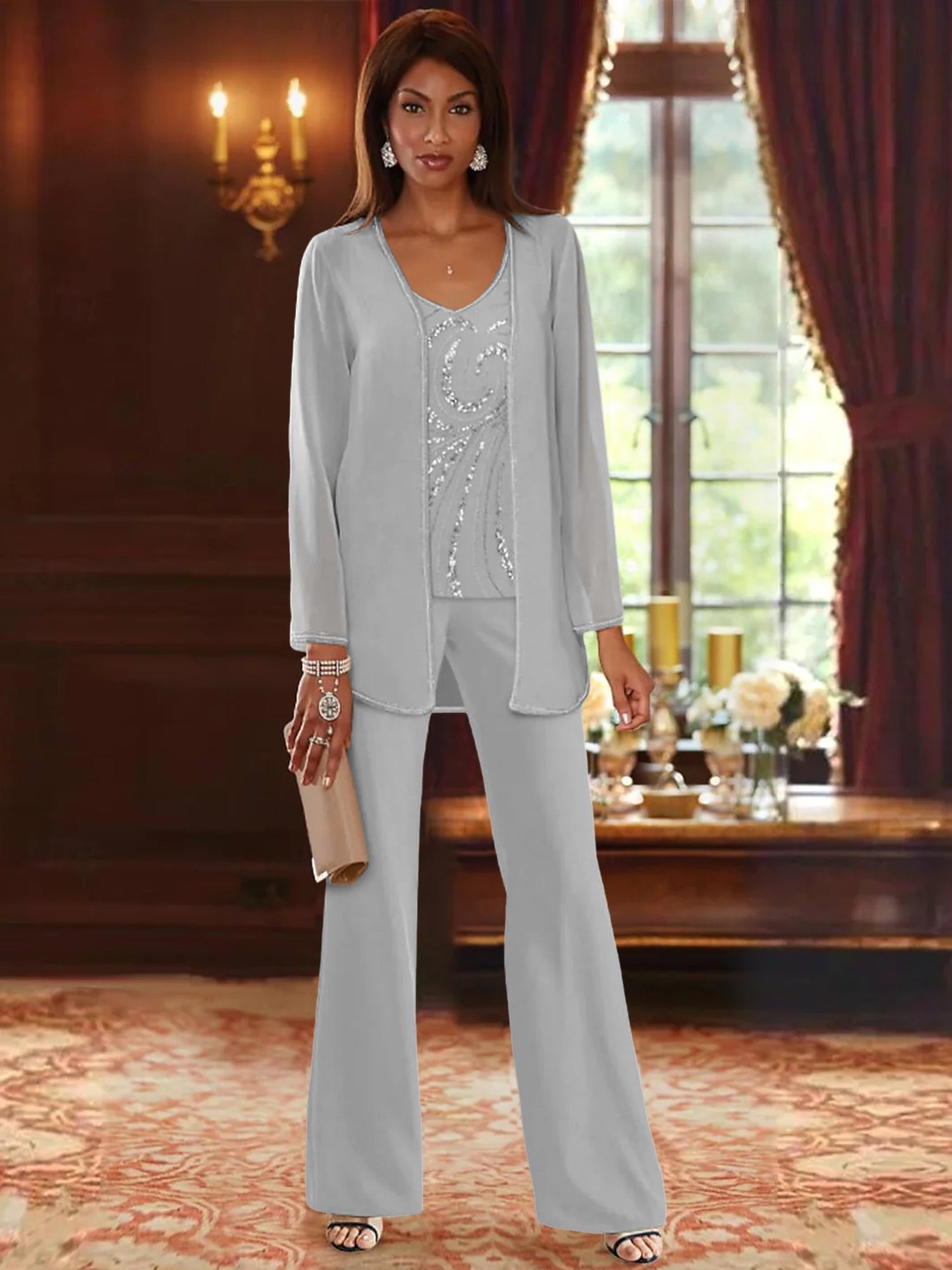 Chiffon V-Neck Floor-Length 3 Pieces Mother of the Bride Pantsuits