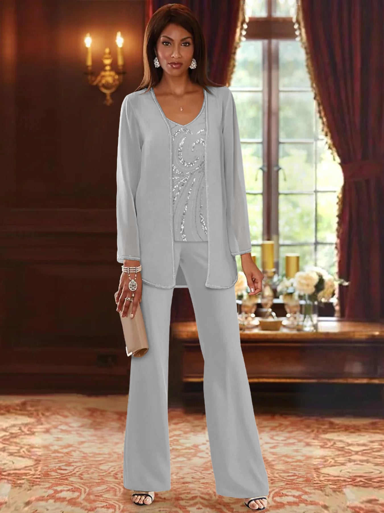 Chiffon V-Neck Floor-Length 3 Pieces Mother of the Bride Pantsuits with Jacket & Sequins Beading