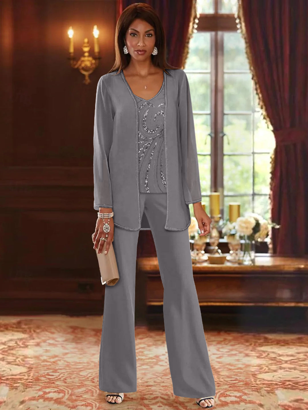 Chiffon V-Neck 3 Pieces Mother of the Bride Pantsuits with Jacket & Sequins