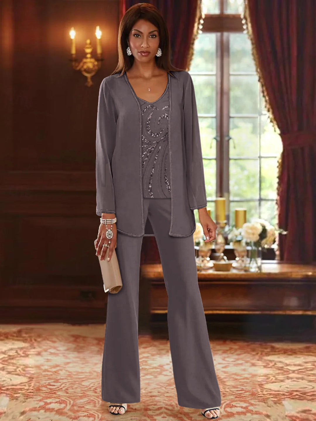 Chiffon V-Neck Floor-Length 3 Pieces Mother of the Bride Pantsuits with Jacket & Sequins Beading