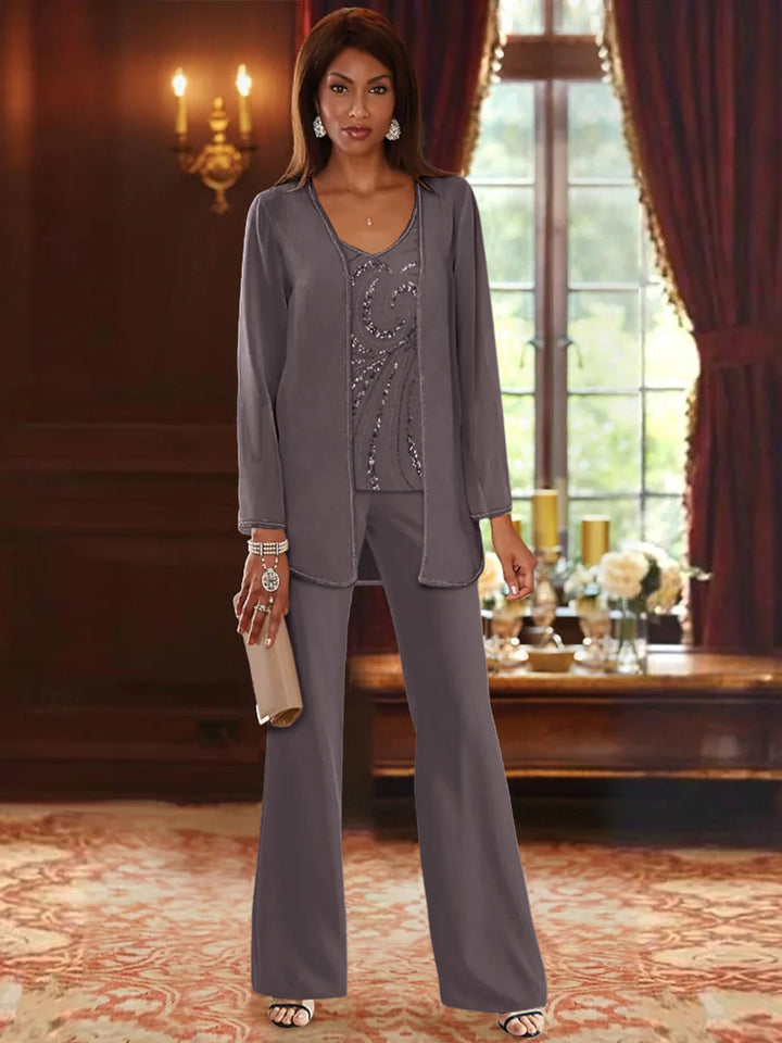Chiffon V-Neck Floor-Length 3 Pieces Mother of the Bride Pantsuits with Jacket & Sequins Beading
