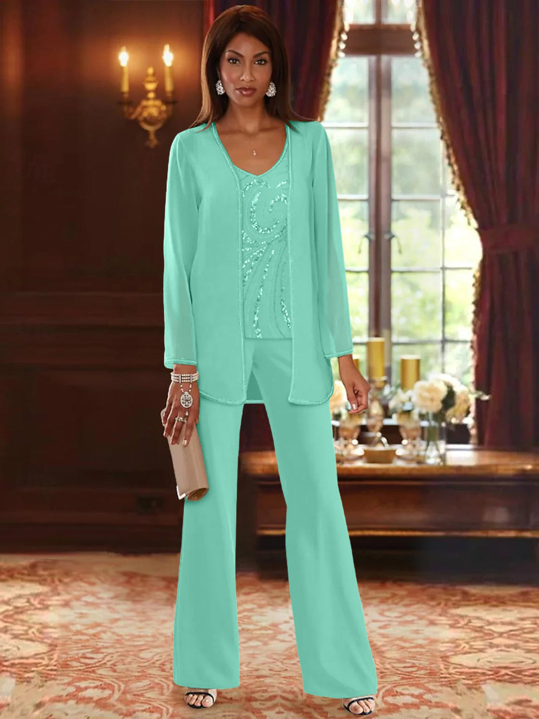 Chiffon V-Neck 3 Pieces Mother of the Bride Pantsuits with Jacket & Sequins