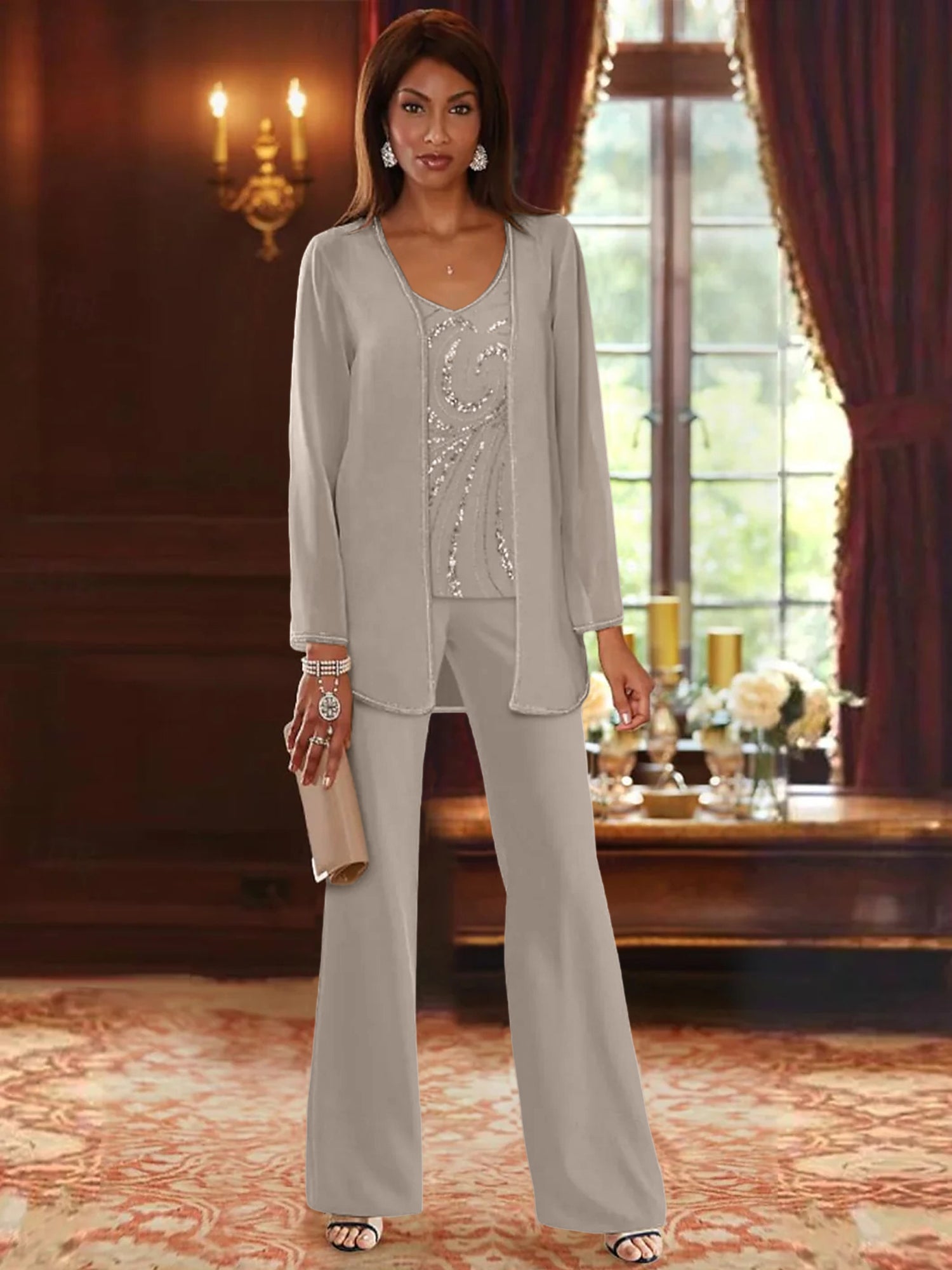 Chiffon V-Neck Floor-Length 3 Pieces Mother of the Bride Pantsuits
