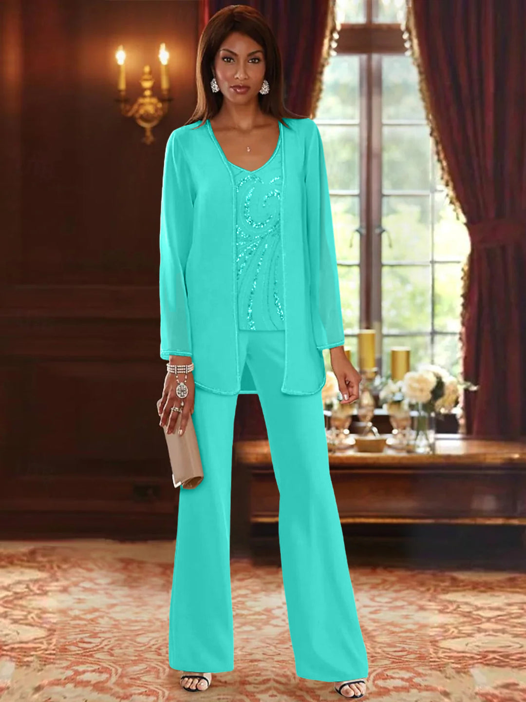 Chiffon V-Neck Floor-Length 3 Pieces Mother of the Bride Pantsuits with Jacket & Sequins Beading