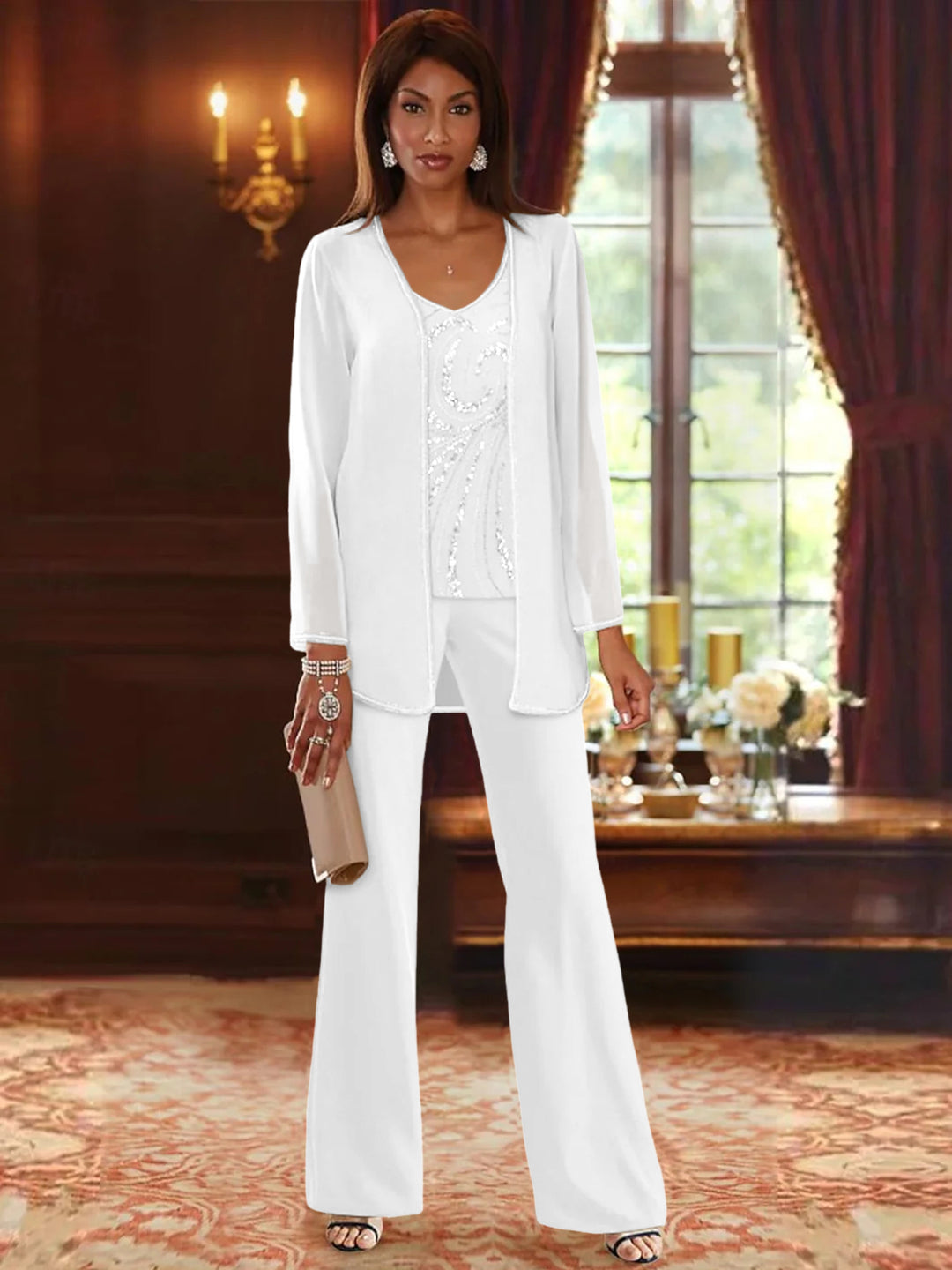 Chiffon V-Neck Floor-Length 3 Pieces Mother of the Bride Pantsuits with Jacket & Sequins Beading