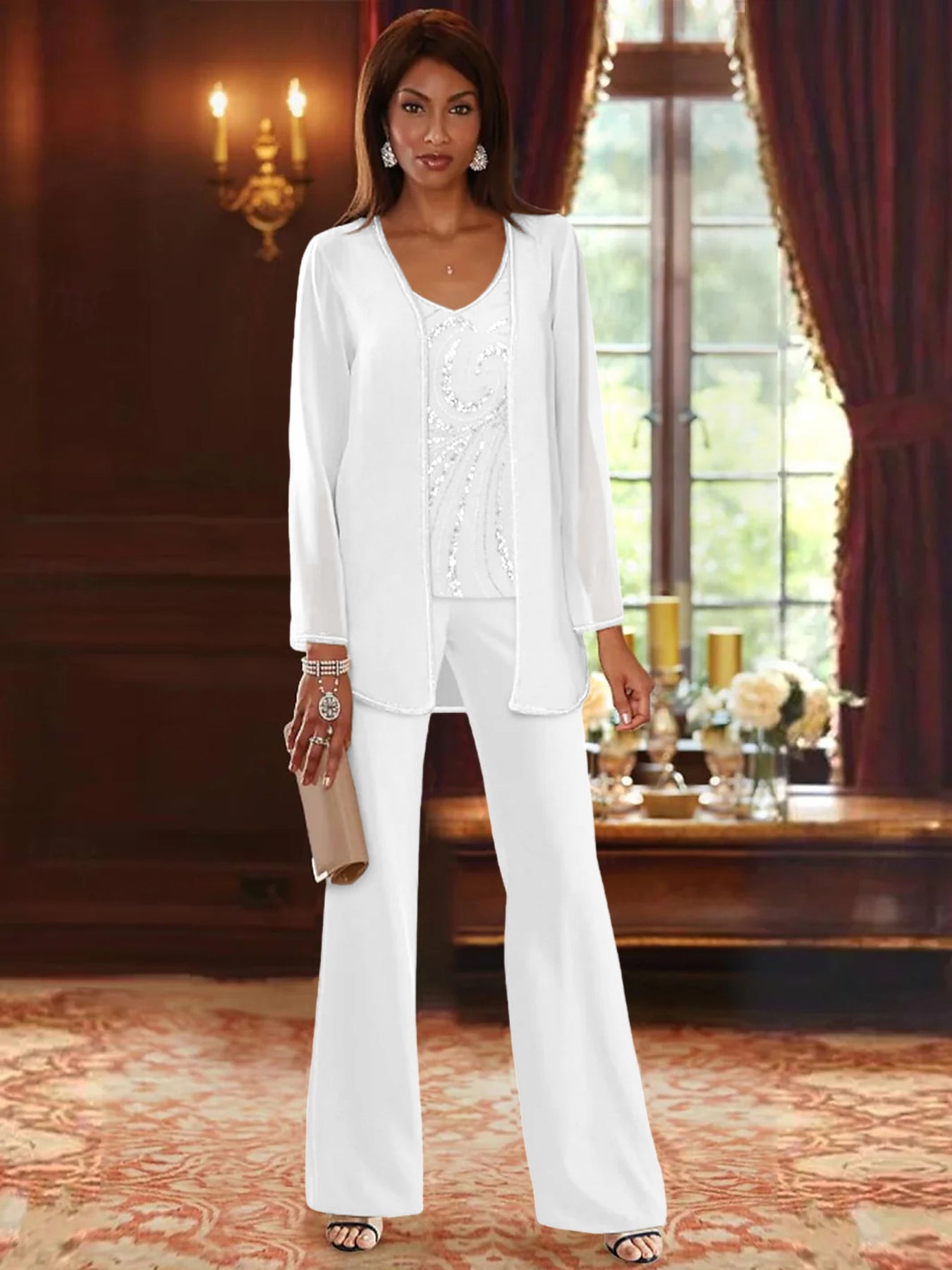 Chiffon V-Neck Floor-Length 3 Pieces Mother of the Bride Pantsuits with Jacket & Sequins Beading