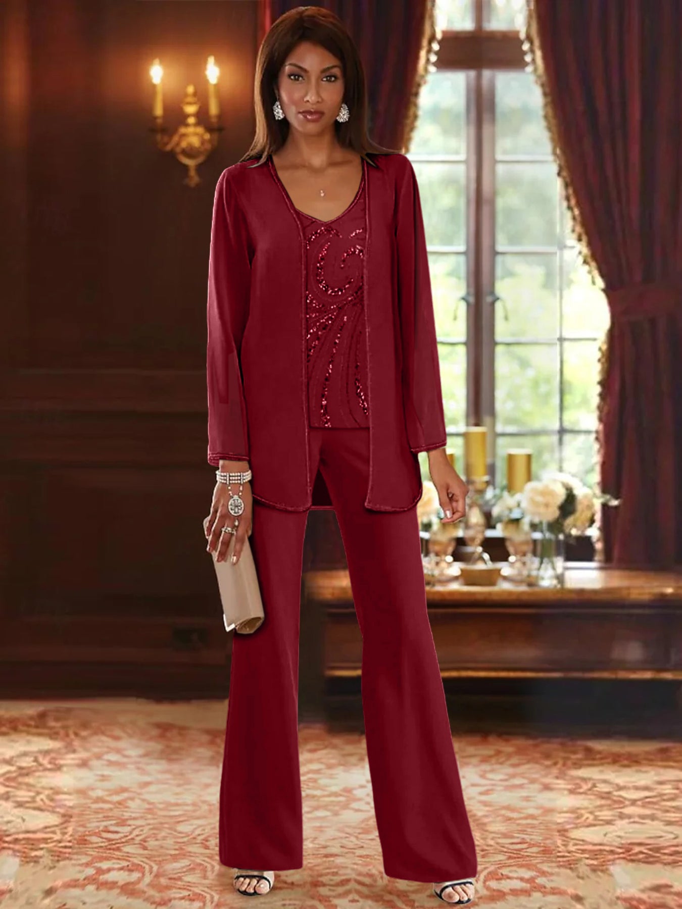 Chiffon V-Neck Floor-Length 3 Pieces Mother of the Bride Pantsuits with Jacket & Sequins Beading