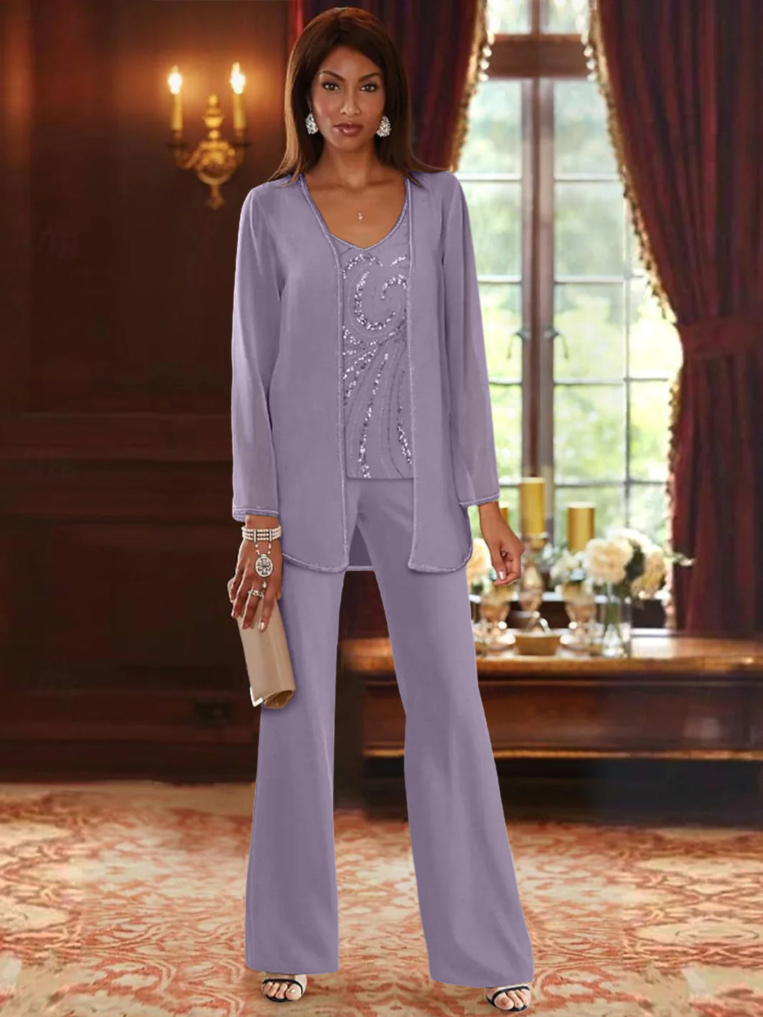 Chiffon V-Neck Floor-Length 3 Pieces Mother of the Bride Pantsuits with Jacket & Sequins Beading