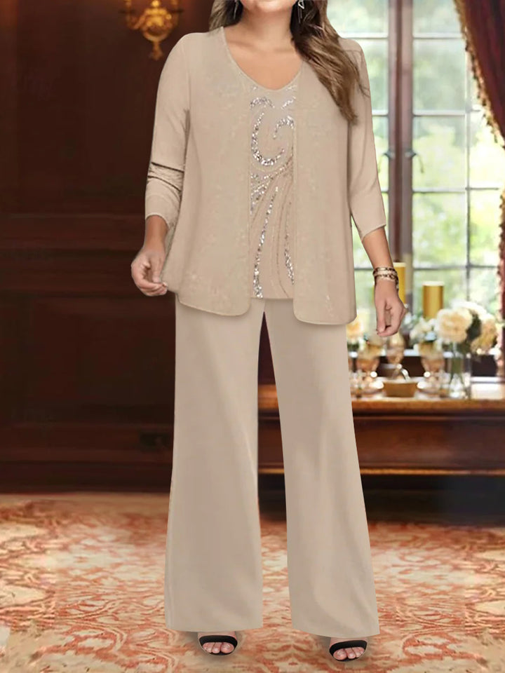 Chiffon V-Neck Floor-Length 3 Pieces Mother of the Bride Pantsuits with Jacket & Sequins