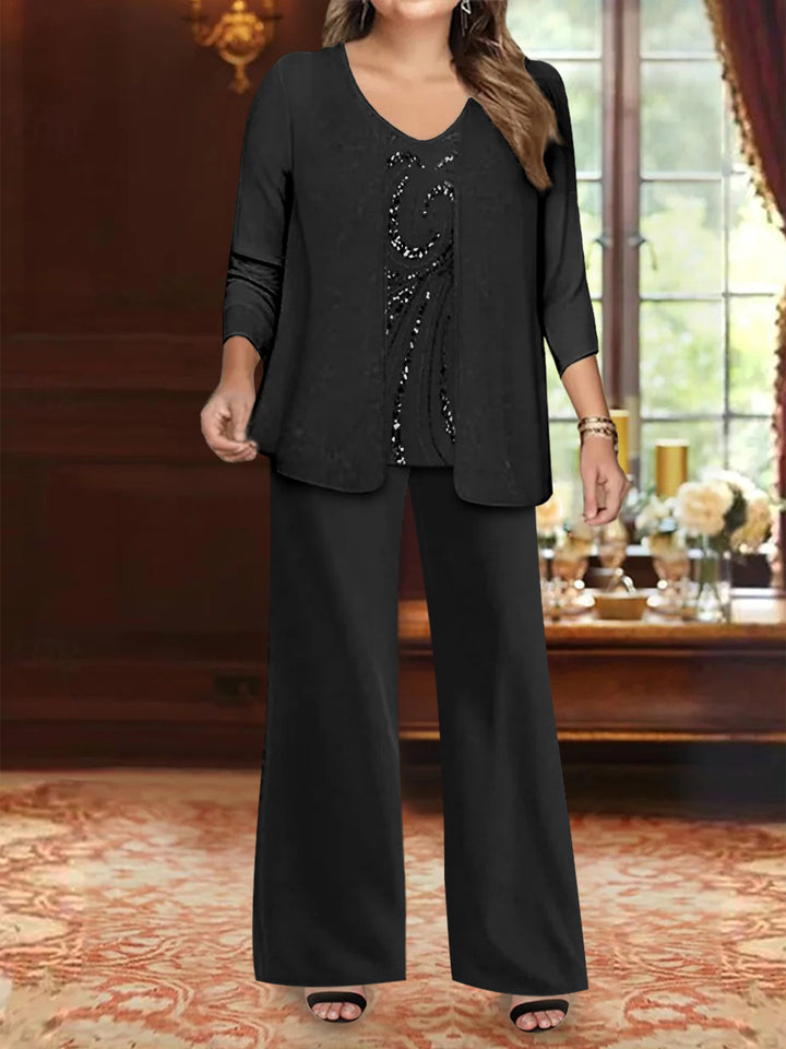 Chiffon V-Neck Floor-Length 3 Pieces Plus Size Mother of the Bride Pantsuits with Jacket & Sequins