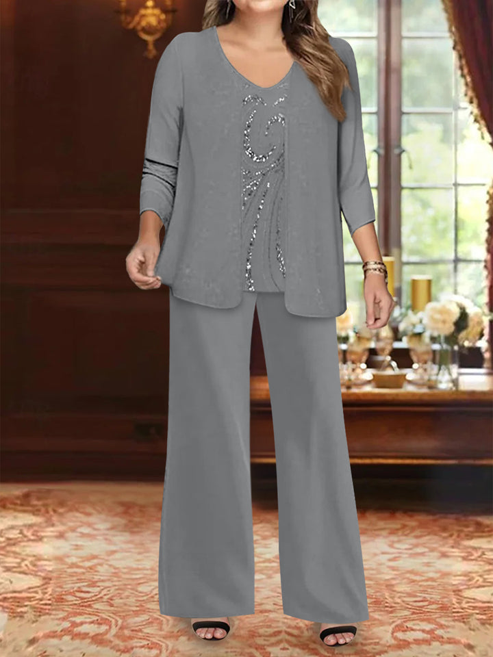 Chiffon V-Neck Floor-Length 3 Pieces Plus Size Mother of the Bride Pantsuits with Jacket & Sequins