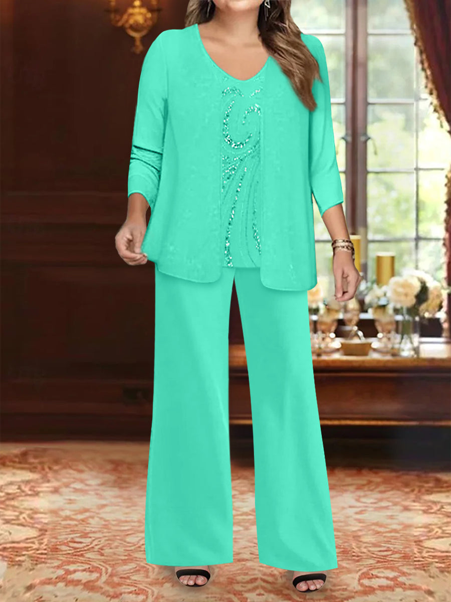 Chiffon V-Neck Floor-Length 3 Pieces Plus Size Mother of the Bride Pantsuits with Jacket & Sequins