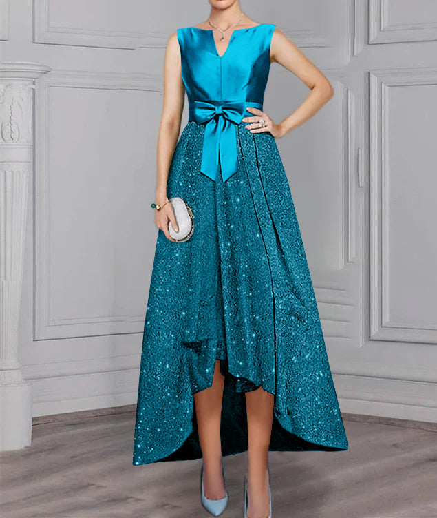 Chiffon Scoop Long Sleeves Mother of the Bride Dress with Sash ＆ Sequins