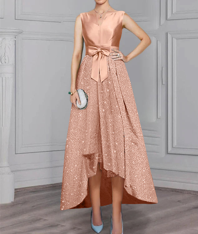 Chiffon Scoop Long Sleeves Mother of the Bride Dress with Sash ＆ Sequins