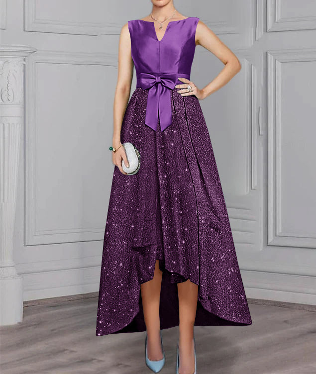 Chiffon Scoop Long Sleeves Mother of the Bride Dress with Sash ＆ Sequins