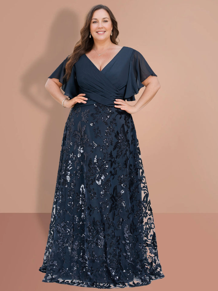 A-Line/Princess V-Neck Short Sleeves Floor-Length Mother Of The Bride Dresses with Sequins