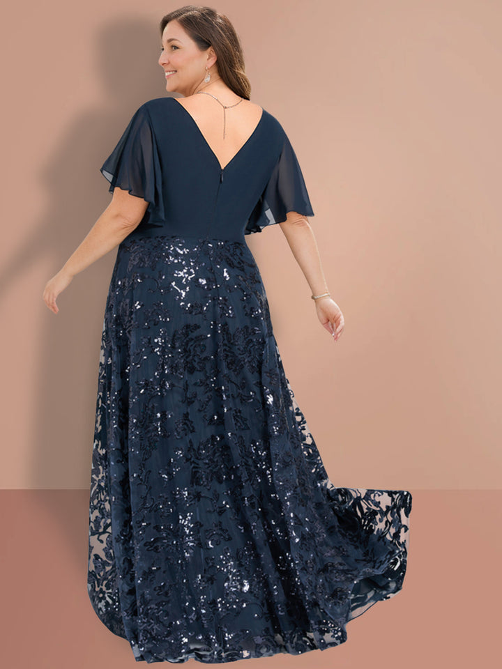 A-Line/Princess V-Neck Short Sleeves Floor-Length Mother Of The Bride Dresses with Sequins