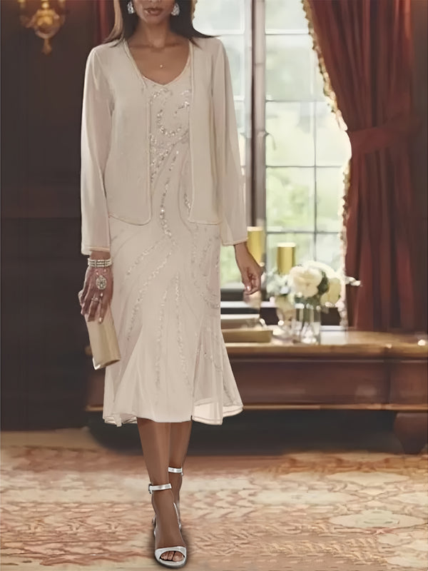 Chiffon 2 Pieces V-Neck Knee-Length Mother of the Bride Dresses with Jacket & Sequins Beading