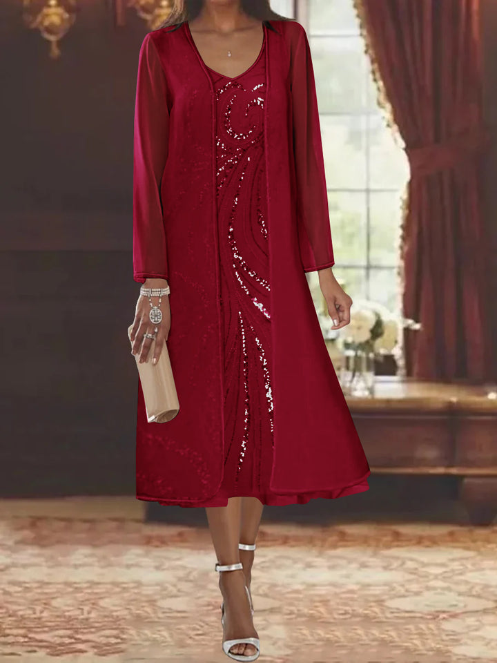 Sheath/Column V-Neck Long Sleeves Tea-Length Mother of the Bride Dresses with Jacket & Sequins