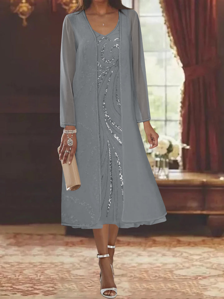 Sheath/Column V-Neck Long Sleeves Tea-Length Mother of the Bride Dresses with Jacket & Sequins