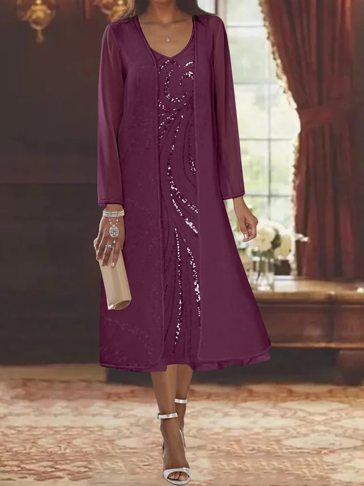 Sheath/Column V-Neck Long Sleeves Tea-Length Mother of the Bride Dresses with Jacket & Sequins