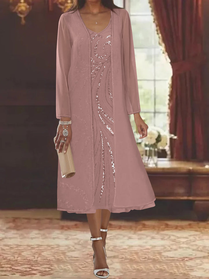 Sheath/Column V-Neck Long Sleeves Tea-Length Mother of the Bride Dresses with Jacket & Sequins Beading