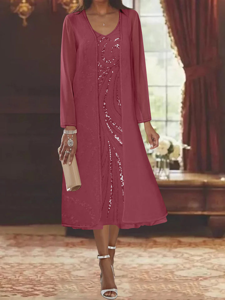 Sheath/Column V-Neck Long Sleeves Tea-Length Mother of the Bride Dresses with Jacket & Sequins