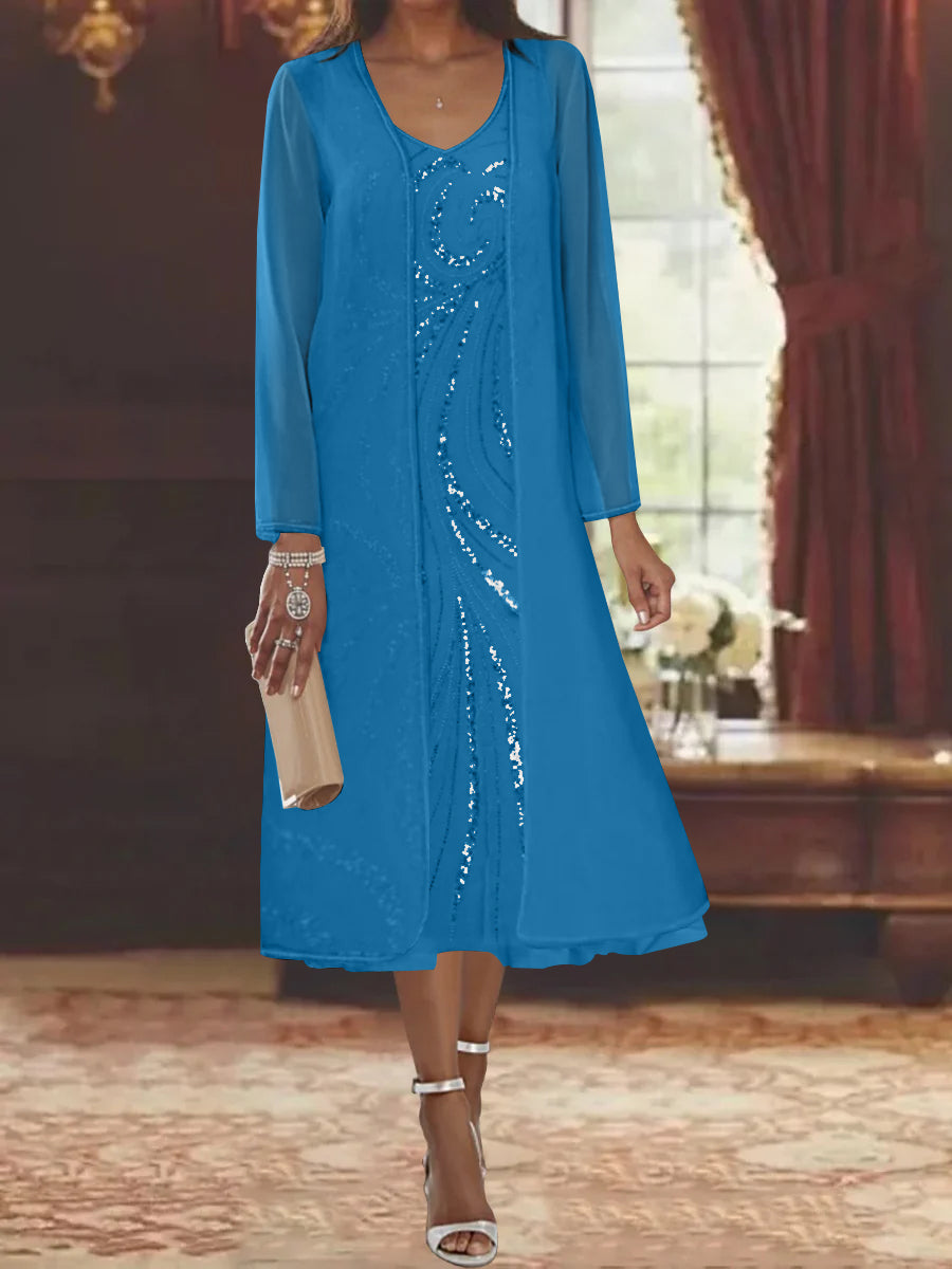 Sheath/Column V-Neck Long Sleeves Tea-Length Mother of the Bride Dresses with Jacket & Sequins Beading