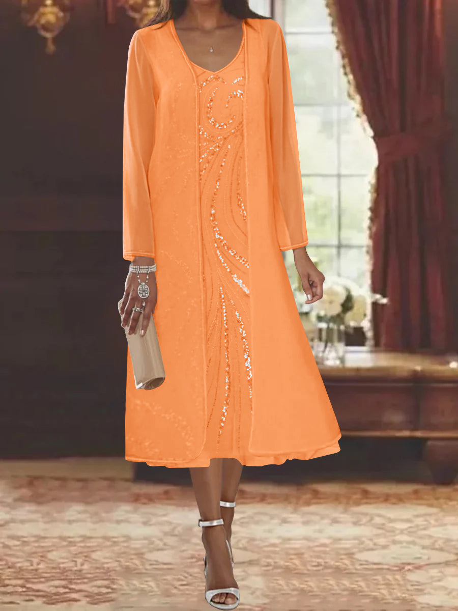 Sheath/Column V-Neck Long Sleeves Tea-Length Mother of the Bride