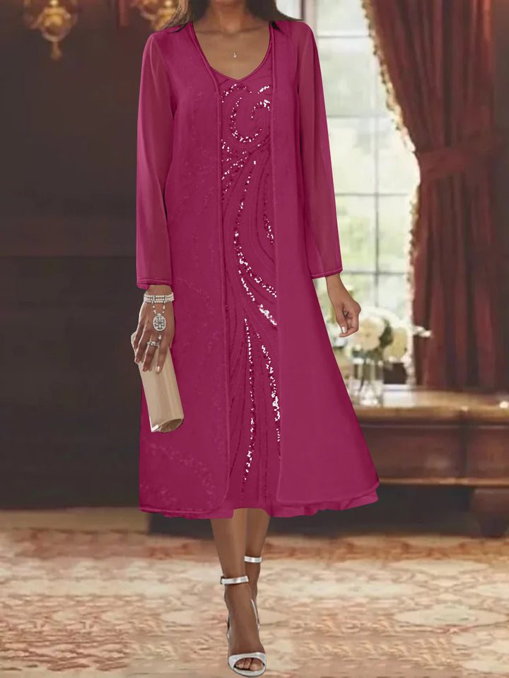 Sheath/Column V-Neck Long Sleeves Tea-Length Mother of the Bride Dresses with Jacket & Sequins