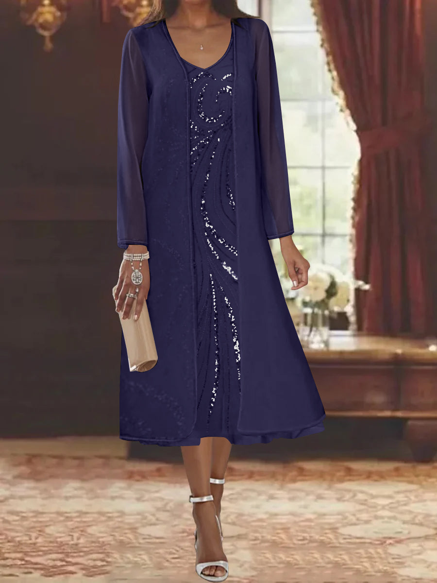 Sheath/Column V-Neck Long Sleeves Tea-Length Mother of the Bride Dresses with Jacket & Sequins