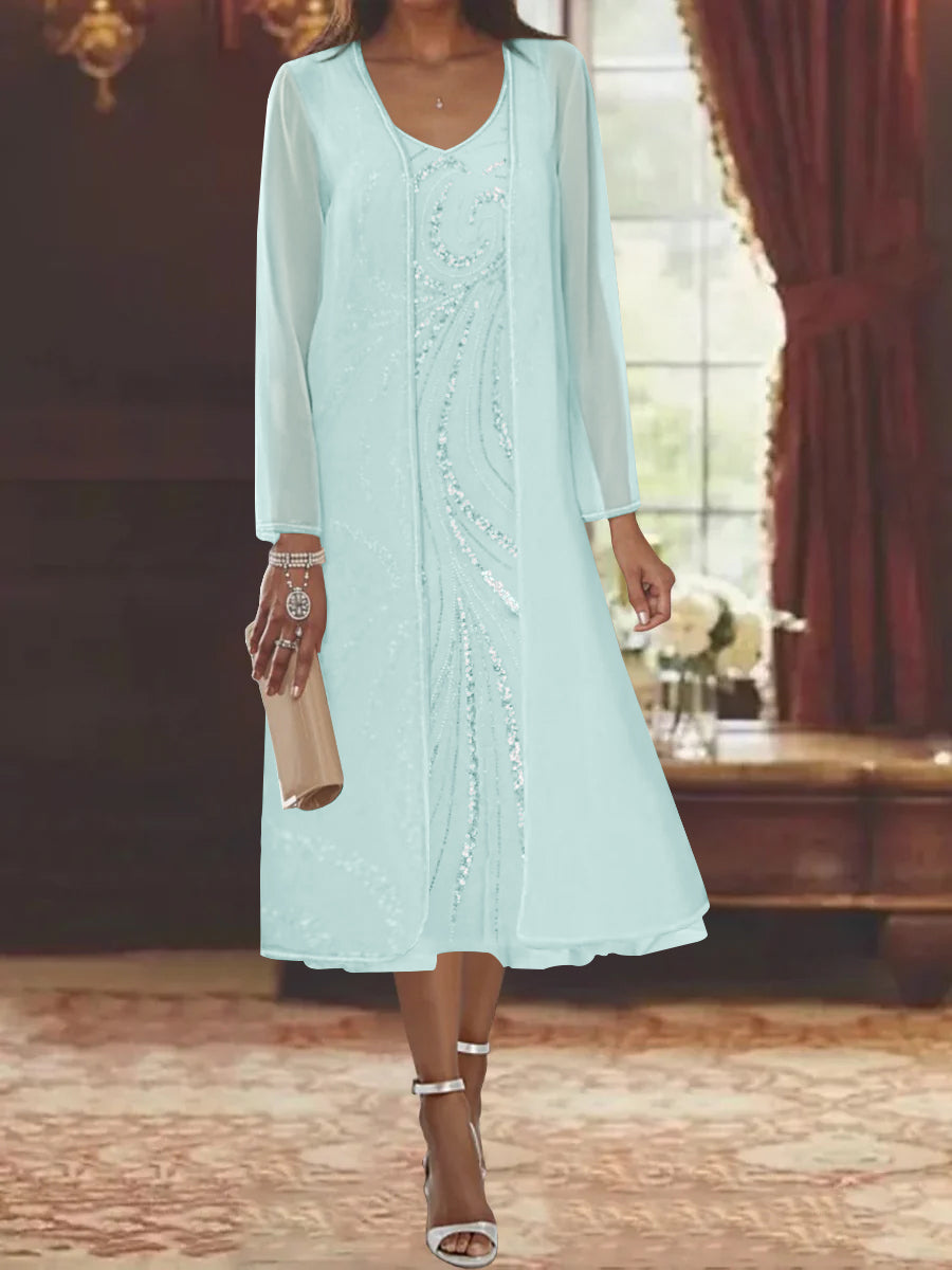 Sheath/Column V-Neck Long Sleeves Tea-Length Mother of the Bride