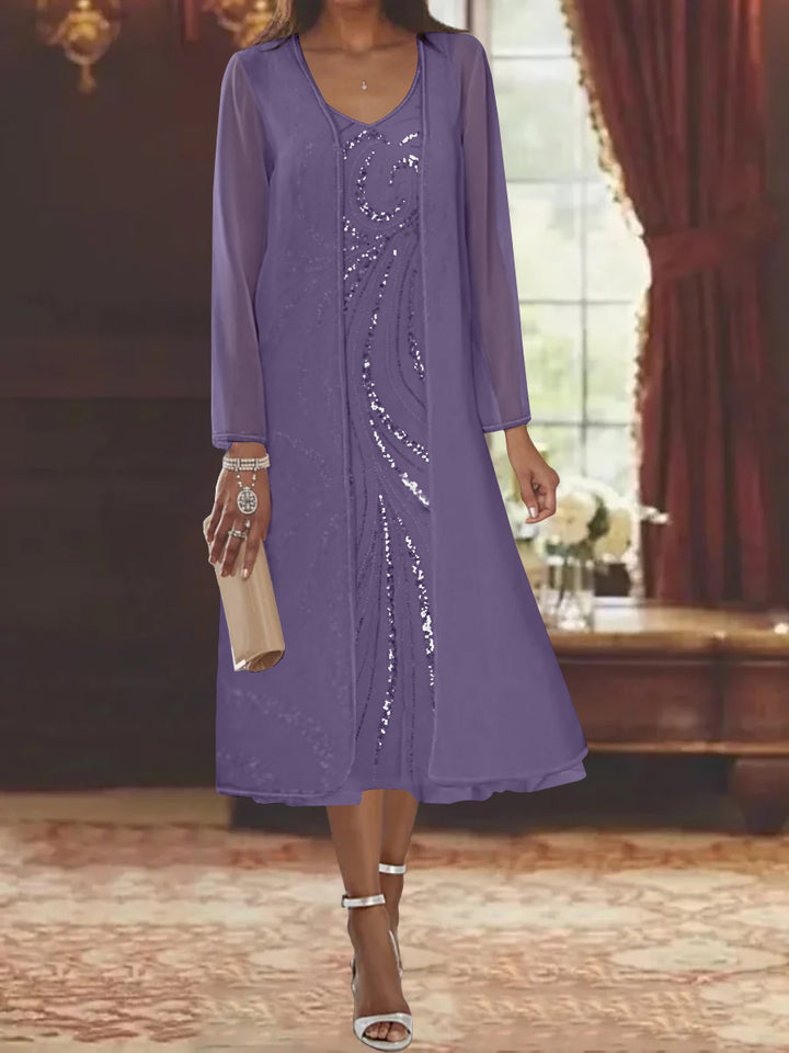 Sheath/Column V-Neck Long Sleeves Tea-Length Mother of the Bride Dresses with Jacket & Sequins