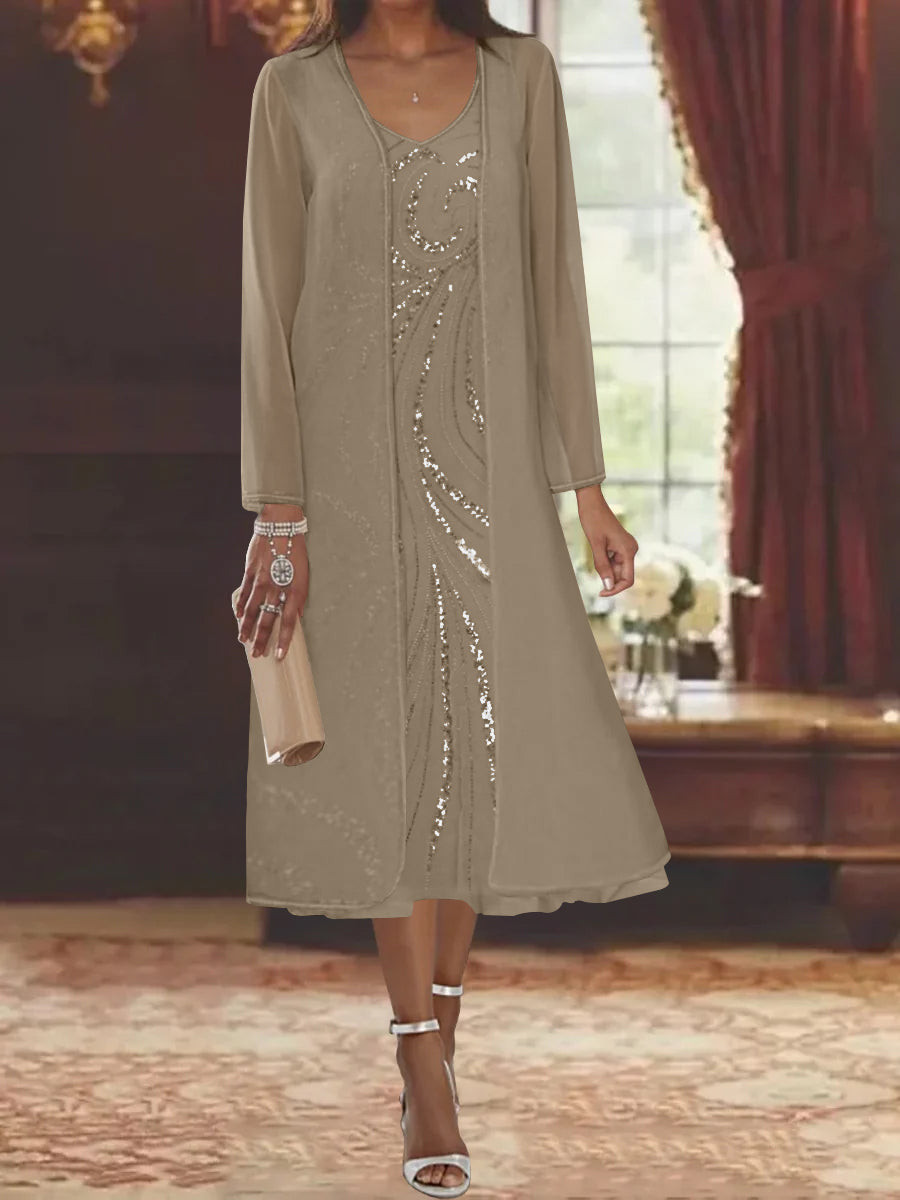 Sheath/Column V-Neck Long Sleeves Tea-Length Mother of the Bride Dresses with Jacket & Sequins