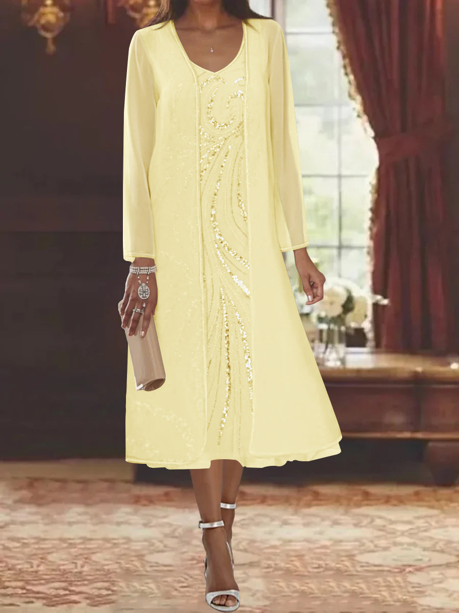 Sheath/Column V-Neck Long Sleeves Tea-Length Mother of the Bride Dresses with Jacket & Sequins Beading Yellow Sheath/Column V-Neck Long Sleeves Tea-Length Mother of the Bride Dresses with Jacket & Sequins Beading Yellow