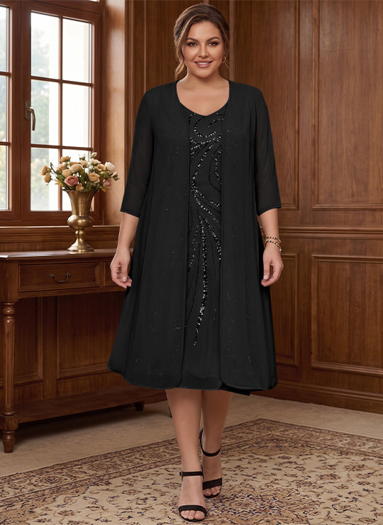 Sheath/Column V-Neck Long Sleeves Tea-Length Plus Size Mother of the Bride Dresses with Jacket & Sequins Beading