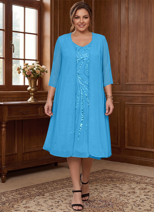Sheath/Column V-Neck Long Sleeves Tea-Length Plus Size Mother of the Bride Dresses with Jacket & Sequins Beading