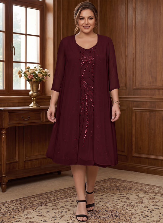 Sheath/Column V-Neck Long Sleeves Tea-Length Plus Size Mother of the Bride Dresses with Jacket & Sequins Beading