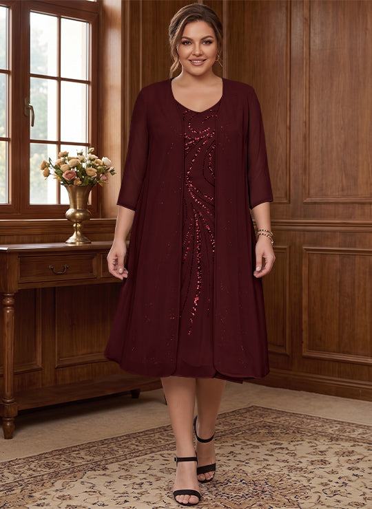 Sheath/Column V-Neck Long Sleeves Tea-Length Plus Size Mother of the Bride Dresses with Jacket & Sequins Beading