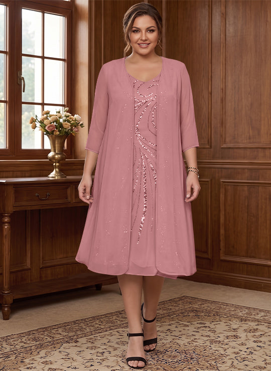 Sheath/Column V-Neck Long Sleeves Tea-Length Plus Size Mother of the Bride Dresses with Jacket & Sequins Beading