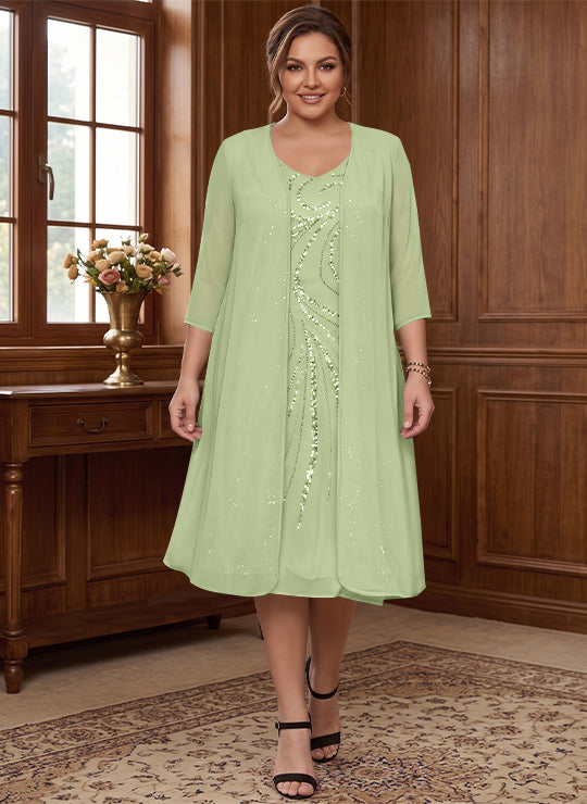 Sheath/Column V-Neck Long Sleeves Tea-Length Plus Size Mother of the Bride Dresses with Jacket & Sequins Beading