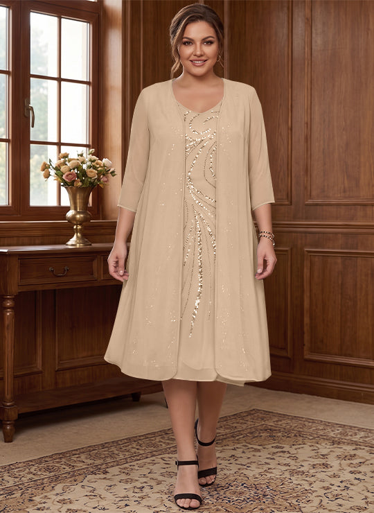 Sheath/Column V-Neck Long Sleeves Tea-Length Plus Size Mother of the Bride Dresses with Jacket & Sequins Beading
