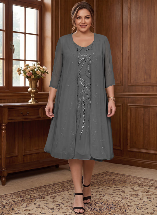 Sheath/Column V-Neck Long Sleeves Tea-Length Plus Size Mother of the Bride Dresses with Jacket & Sequins Beading