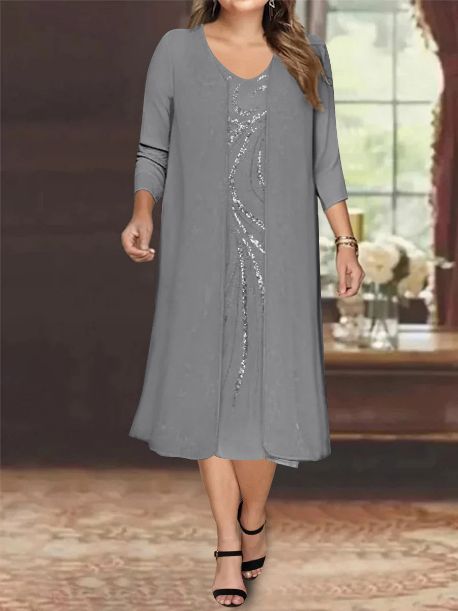 Sheath/Column V-Neck Long Sleeves Tea-Length Plus Size Mother of the Bride Dresses with Jacket & Sequins