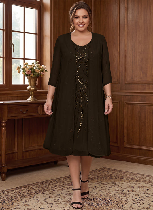 Sheath/Column V-Neck Long Sleeves Tea-Length Plus Size Mother of the Bride Dresses with Jacket & Sequins Beading