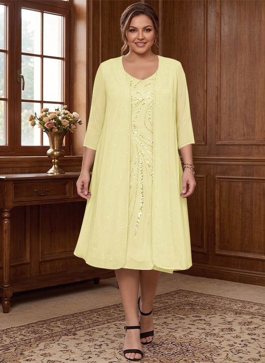 Sheath/Column V-Neck Long Sleeves Tea-Length Plus Size Mother of the Bride Dresses with Jacket & Sequins Beading