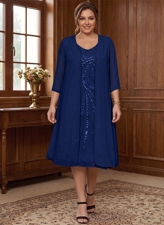 Sheath/Column V-Neck Long Sleeves Tea-Length Plus Size Mother of the Bride Dresses with Jacket & Sequins Beading