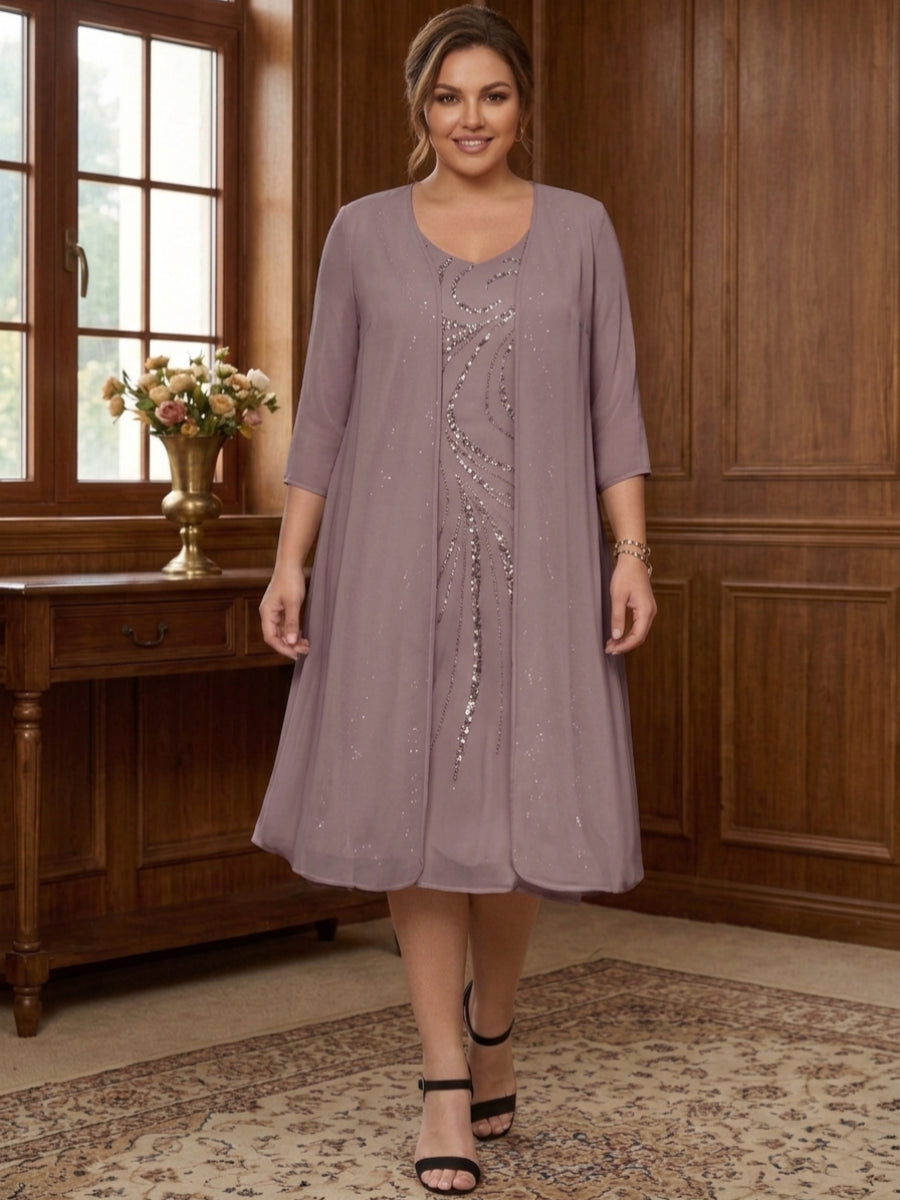 Sheath/Column V-Neck Long Sleeves Tea-Length Plus Size Mother of the Bride Dresses with Jacket & Sequins Beading